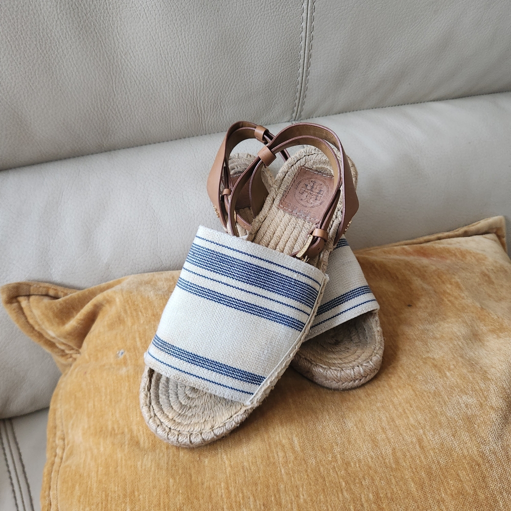 Tory Burch Blue and Tan Espadrilles